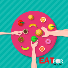 Healthy food concept. Glass of coffee in hand  a apple in hand and hamburger in hand, as a symbol of a healthy diet.