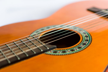 Fototapeta premium Classic acoustic guitar on white background view.