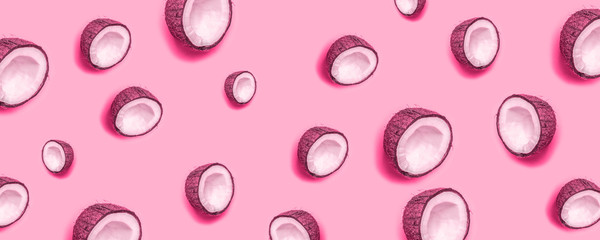 Tropical abstract coconut pattern on yellow background. Flat lay.