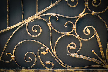 Wrought-iron gates, ornamental forging, forged elements close-up.