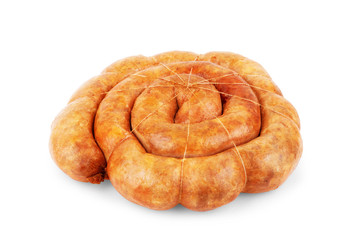 Homemade sausages baked on a white background