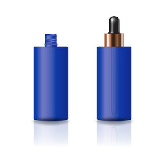 Blank blue cylinder cosmetic bottle with dropper lid for beauty or healthy product. Isolated on white background with reflection shadow. Ready to use for package design. Vector illustration.