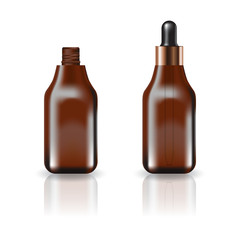 Blank brown square cosmetic bottle with dropper lid for beauty or healthy product. Isolated on white background with reflection shadow. Ready to use for package design. Vector illustration.