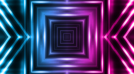 Dark abstract futuristic background. Neon lines, glow. Neon lines, shapes. Pink and blue glow