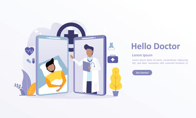 Online Doctor Concept with video conferencing people consultation to the doctor via smartphone. Suitable for web landing page, ui, mobile app, banner template. Vector Illustration 