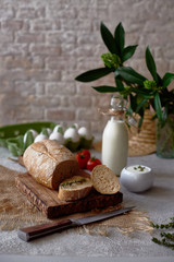 country breakfast with bread, milk, egg