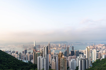 Fototapeta na wymiar Hong Kong, Apirl 17, 2019, View of the city and the bay at Victoria Peak, Hong Kong.