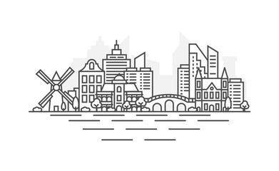 Amsterdam, Netherlands architecture line skyline illustration. Linear vector cityscape with famous landmarks, city sights, design icons. Landscape with editable strokes.