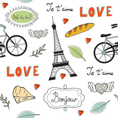 Paris seamless pattern. Eiffel tower, wine glass, baguette and other symbols in one stylish background.
