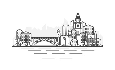 Portugal, Porto architecture line skyline illustration. Linear vector cityscape with famous landmarks, city sights, design icons. Landscape with editable strokes. - obrazy, fototapety, plakaty