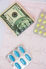 medicinal pills, dollars on the background of the cardiogram