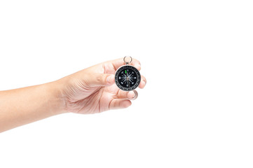 Hand holding compass isolated on white background