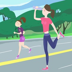 Fototapeta na wymiar Young girl exercising outdoors, drinking water from a bottle while jogging, morning jogging, jogging by the park, marathon, active healthy lifestyle, cartoon characters, color illustration in vector