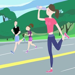 Fototapeta na wymiar Young people, a guy and a girl, train outdoors, morning jogging, jogging by the park, marathon, active healthy lifestyle, cartoon characters, color illustration in vector