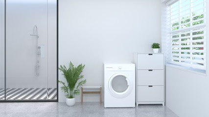 Clean white laundry room 3d rendering in front of empty wall home designs. - obrazy, fototapety, plakaty