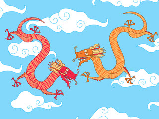 Traditional Asian Dragons with a background of clouds. Vector illustration 