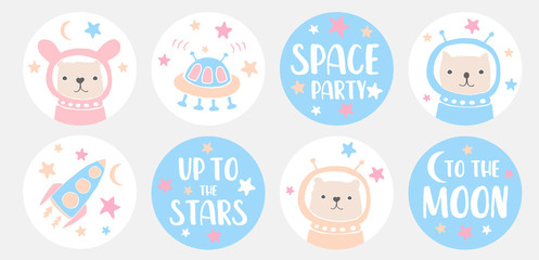 Space Party Candy Round Shape Vector Graphics for Candy Bar Toppers, Tags, Stickers, Card, Invitation. Funny Bunny, Cute Cat and Ltlle Bear Astronauts.Alien Speceship, Rocket and Pink and Blue Stars.