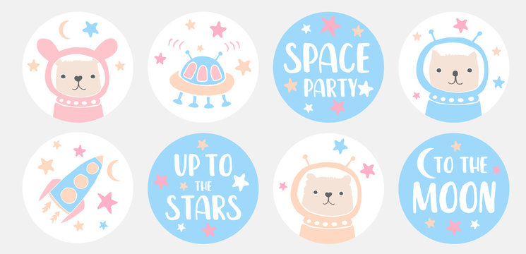 Space Party Candy Round Shape Vector Graphics for Candy Bar Toppers, Tags, Stickers, Card, Invitation. Funny Bunny, Cute Cat and Ltlle Bear Astronauts.Alien Speceship, Rocket and Pink and Blue Stars.