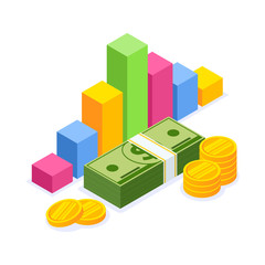 Forecast currency rate, business diagram, investment, money management accounting. Vector illustration in 3d isometric style.