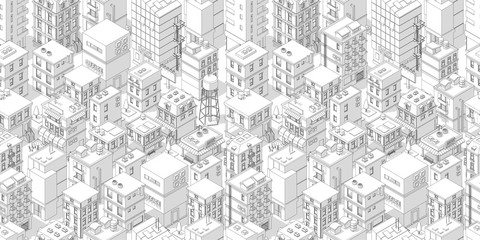 Buildings city seamless pattern. Roofs white light background. Isometric top view. Vector illustration stock. Gray lines outline contour style. © Ilia