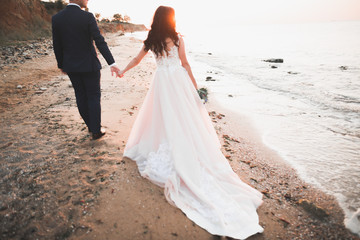 Fototapeta na wymiar Elegant stylish happy wedding couple, bride, gorgeous groom on the background of sea and sky