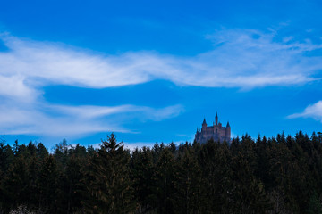 Fototapeta na wymiar Germany, Green conifer forest surrounding hohenzollern castle