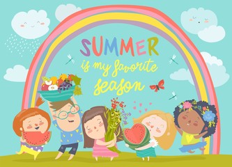 Cartoon children with flowers and fruits. Hello summer