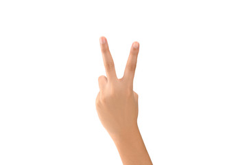 hand show victory sign white background clipping path