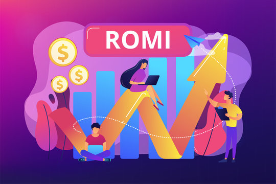 Marketing Investment Effectiveness Chart, Tiny People. Marketing Investment, Return On Marketing Investment, Advertising Investment Returns Concept. Bright Vibrant Violet Vector Isolated Illustration