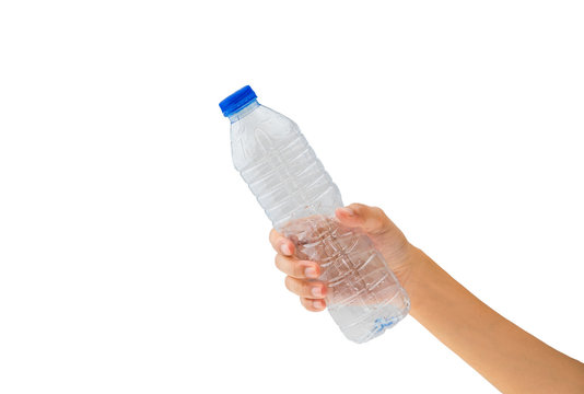 Hand Holding Clear Plastic Water Bottle With White Bckground And Clipping Path