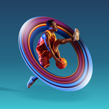 Full length portrait of a basketball player with a ball isolated on blue studio background. Fit african american athlete. Motion, activity, movement, advertising concept. Abstract design.