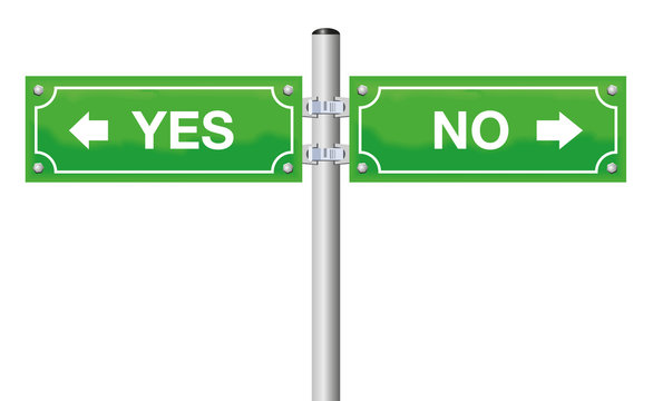 YES NO street sign, green signposts. Symbol for decision difficulties. Make a choice, choose your path. Vector on white background.