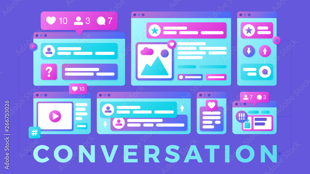 Poster vector illustration of a social media communication concept. the word conversation with colorful cro