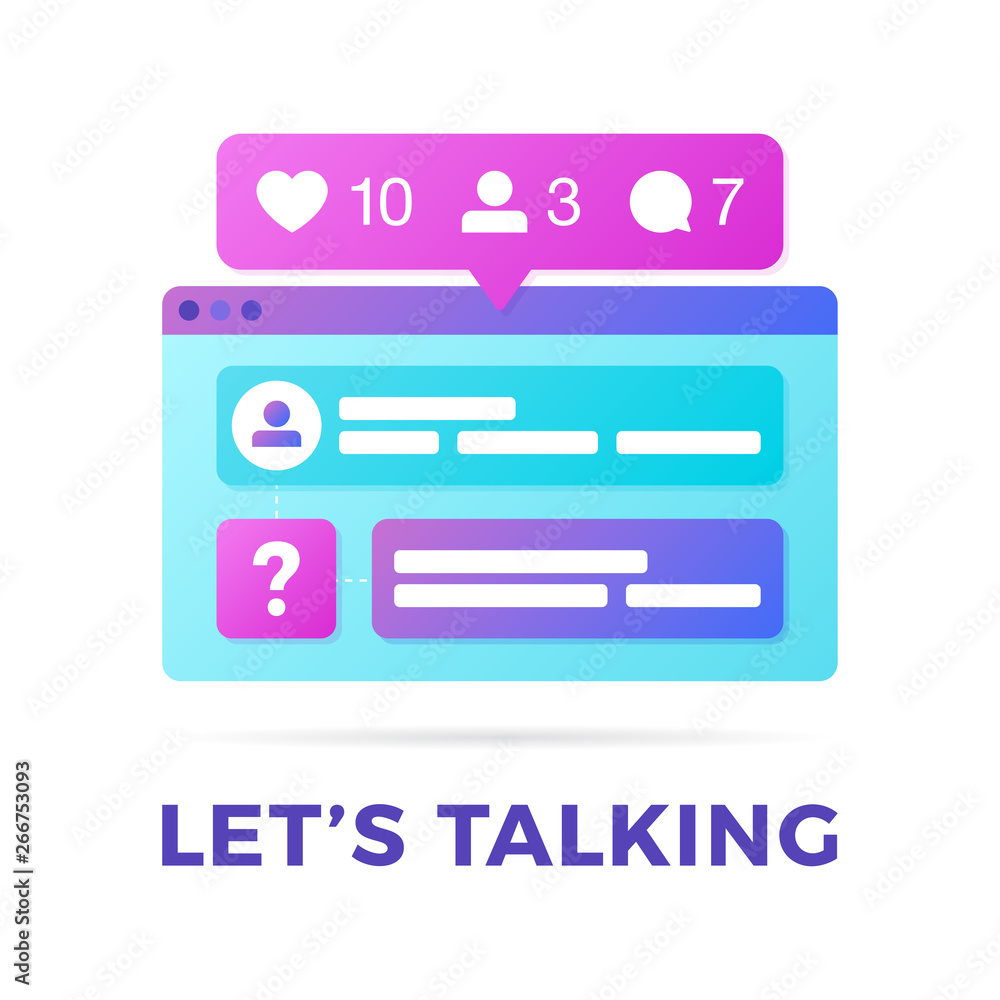 Poster vector illustration of a social media communication concept. the word lets talking with colorful cro