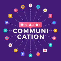 Vector illustration of a social media communication concept. Communication word with social activity icons which are arranged in a circle