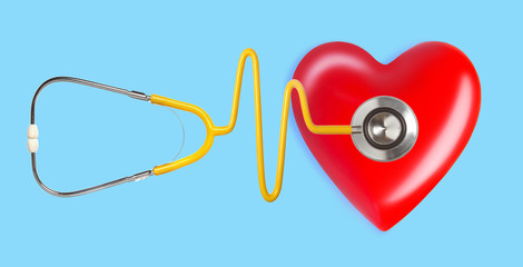 Red heart and a stethoscope on blue background. healthcare and medicine concept with red heart and ecg line.
