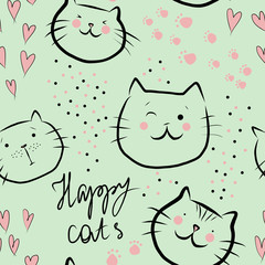 Cute happy cats with pink hearts and text - seamless pattern on light green background
