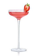 Margarita cocktail in a beautiful glass with a high leg and half of fresh strawberries isolated on white. 100 percent sharpness. Quality image.