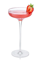 Margarita cocktail in a beautiful glass with a high leg and half of fresh strawberries isolated on white. 100 percent sharpness. Quality image. 30 degree angle.