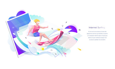 Concept in flat style with man surfing through internet.
