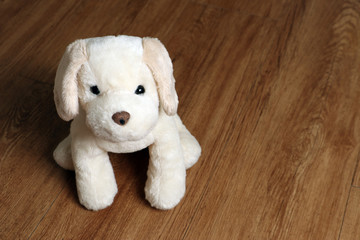 plush toy dog on the wooden floor