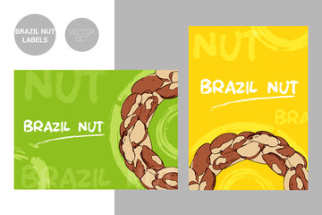 Creative colorful brazil nut labels with hand drawn typography and brush stroke elements. Semicircle of brazil nuts on colorful background. Nut Badges ready for web and print.