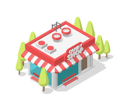 Isometric pink candy shop. Street cafe. Coffee shop single building small kiosk. Showcase entrance signboard, trees. Vector illustration.