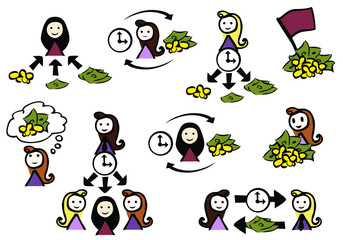 set_9_icons_simple_female_money_coins_bills_time_flag_think_arrows_by jziprian