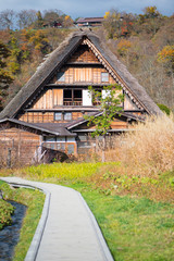 Traditional gassho-zukuri house in autumn season at Shirakawa-go,Japan