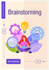 young woman is sitting under light bulbs in search of ideas