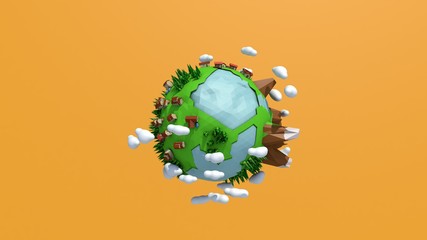 3D planet with clouds and city on orange background