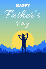 Greeting card with silhouette father and son on Happy Father's Day. Adventure landscape with mountains, hills and forest, sun and sky background, boy and dad stand and hold hands on sunny background.