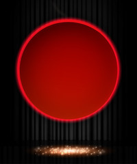 Shining retro red round banner on black stage curtain
