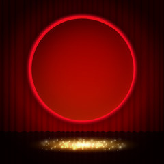 Shining retro red round banner on stage curtain